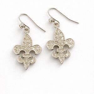 Elegant Silver Tone and Rhinestone Fleur-de-Lis Drop Earrings